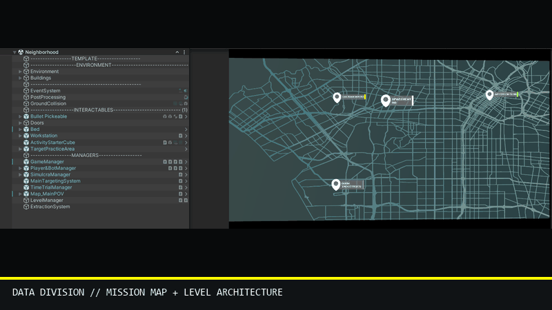 Animated showcase of Data Division drone, map, item, and terminal systems in Unity