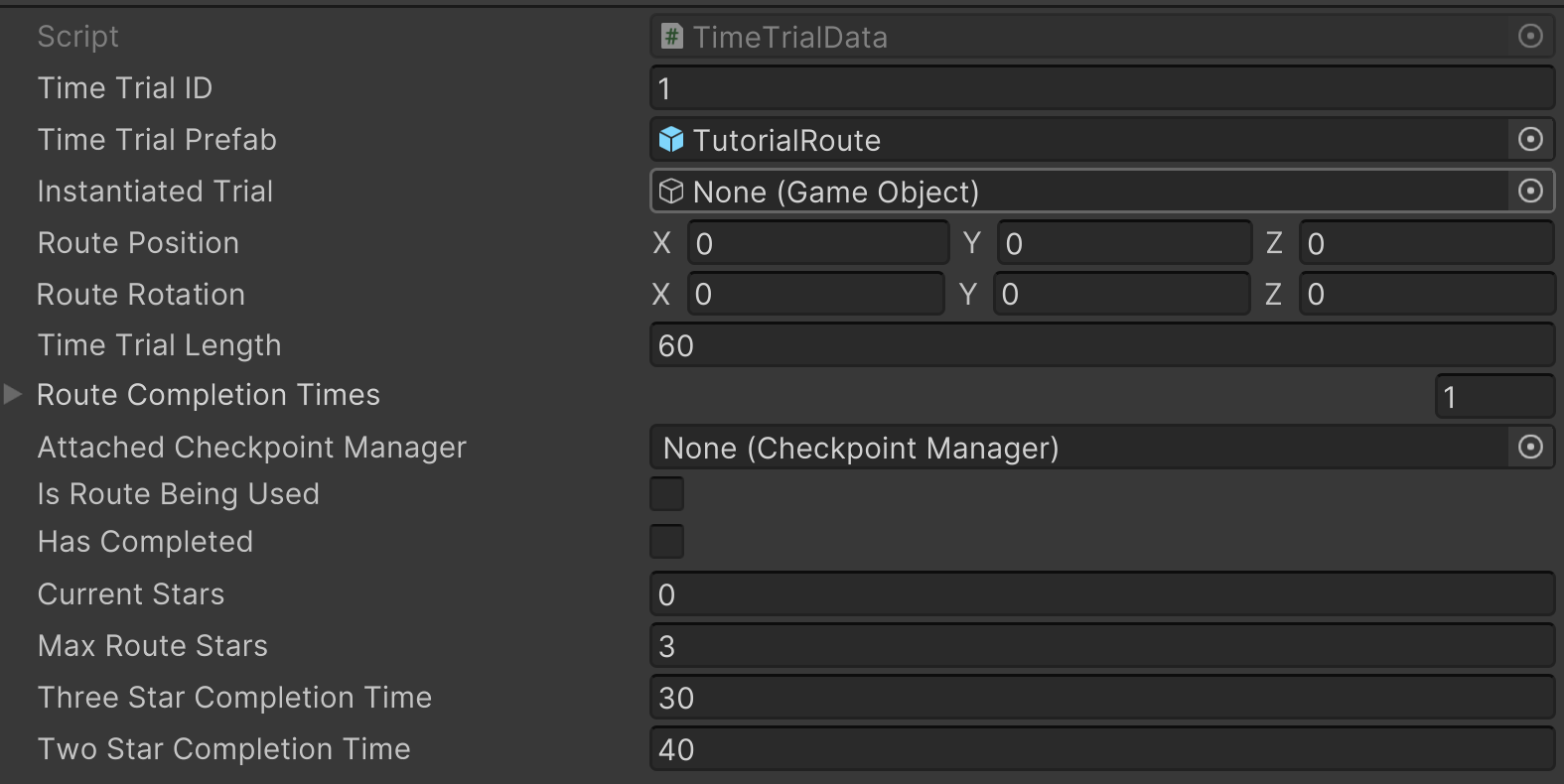 Time trial instantiated route and checkpoint wiring