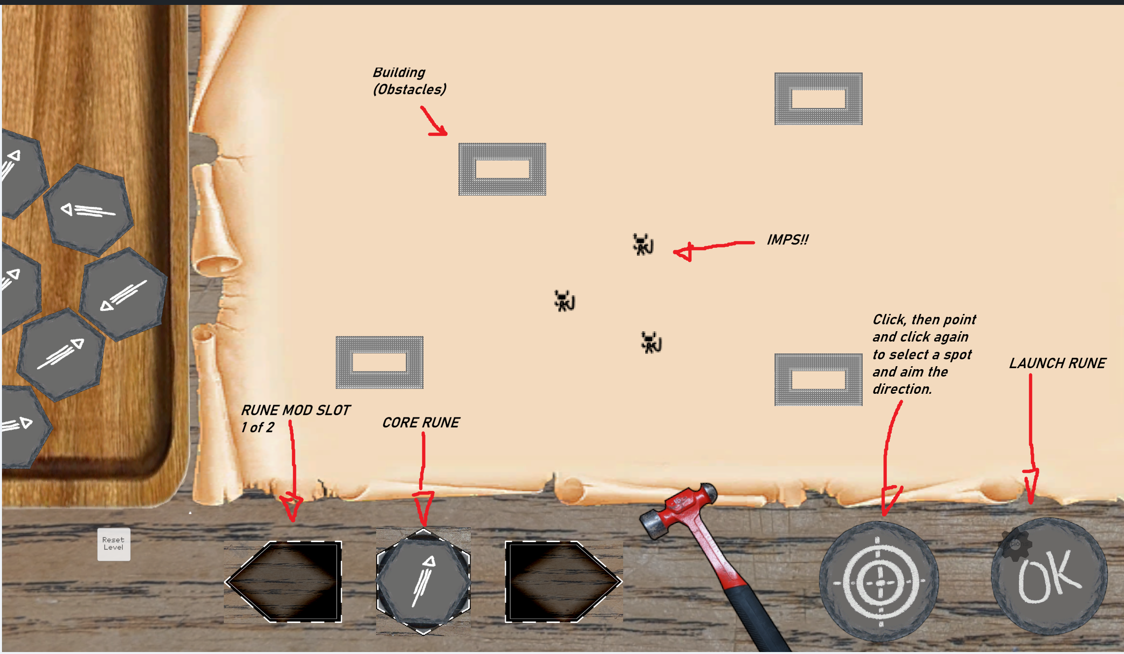 Imp Unsummoning WebGL game screen with runes and one-bit imps