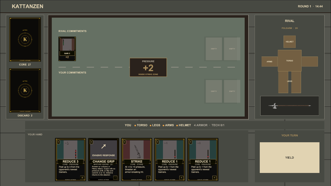 Kattanzen match screen showing pressure, commitments, concealed setups, armor, and a five-card hand