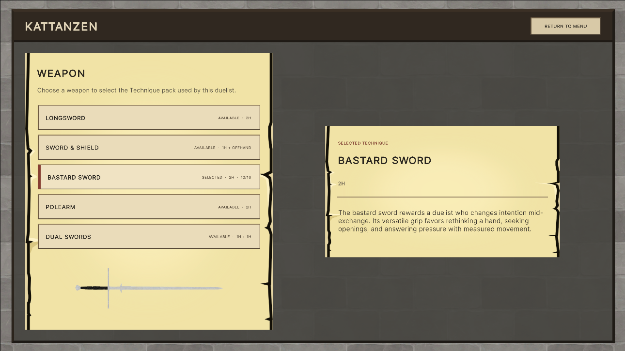Kattanzen weapon customization screen with five Technique packs and the Bastard Sword selected