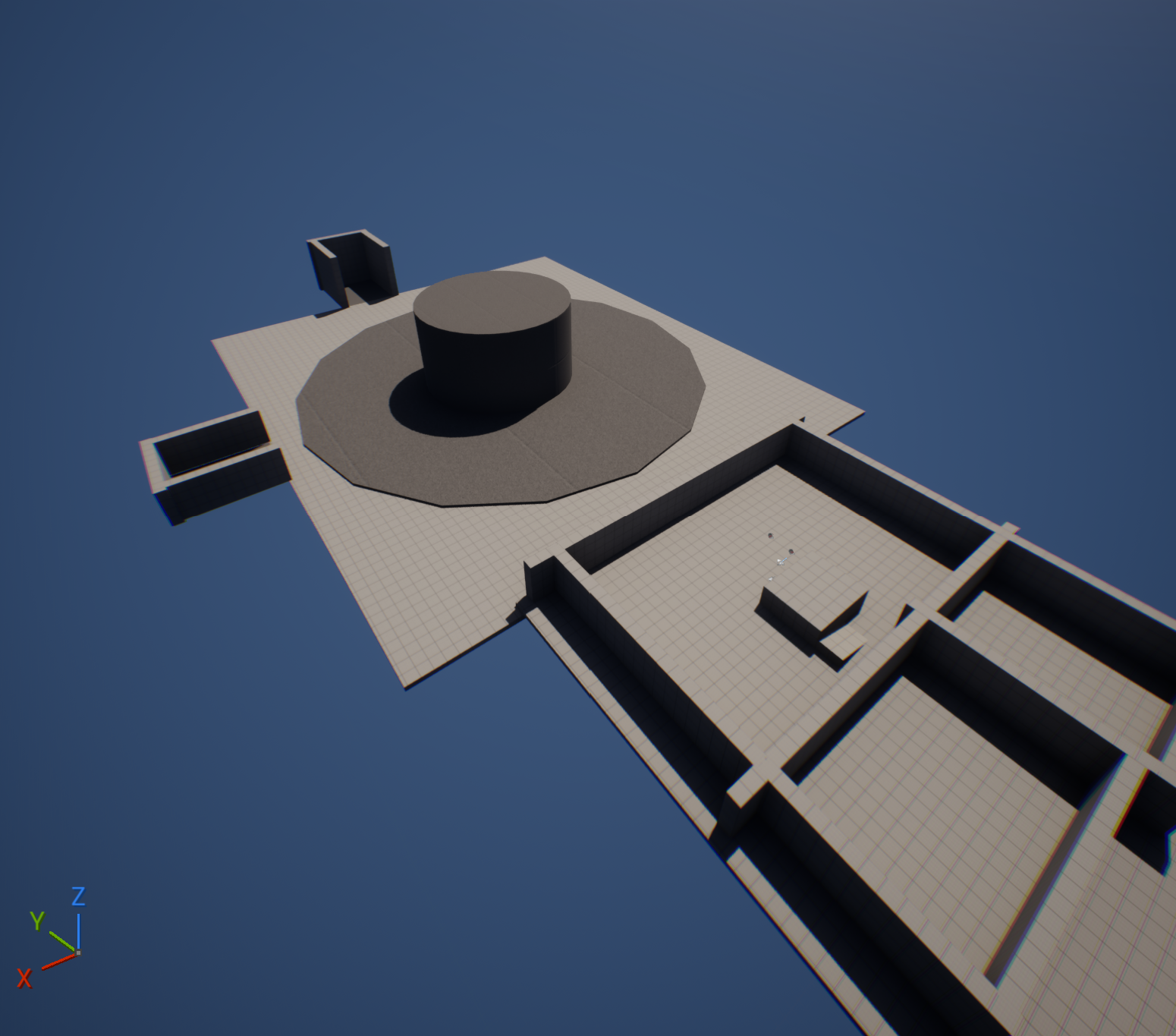 Early Unreal Engine graybox focused on the circular central arena and the first adjoining rooms