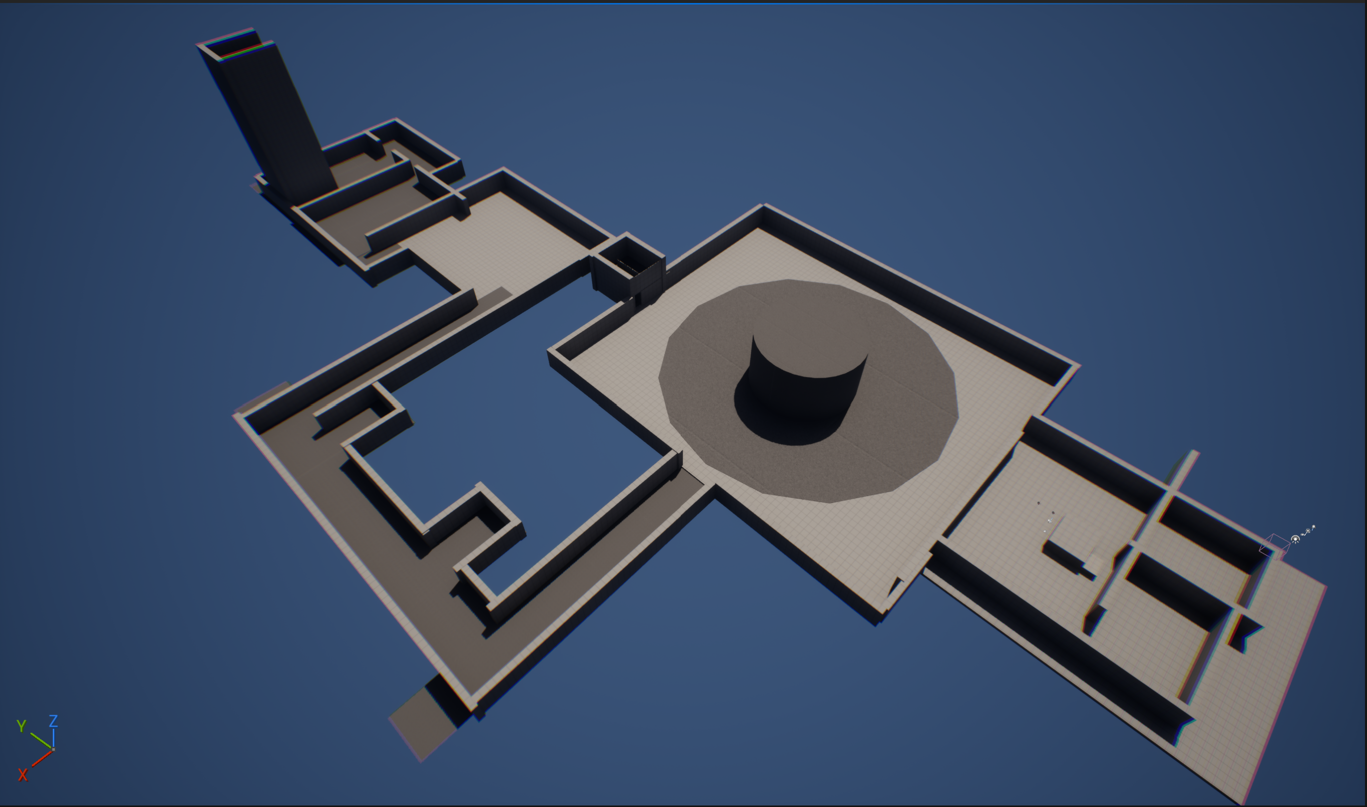 Overhead Unreal Engine graybox of the Rude Awakening level, including its circular central arena and branching corridors