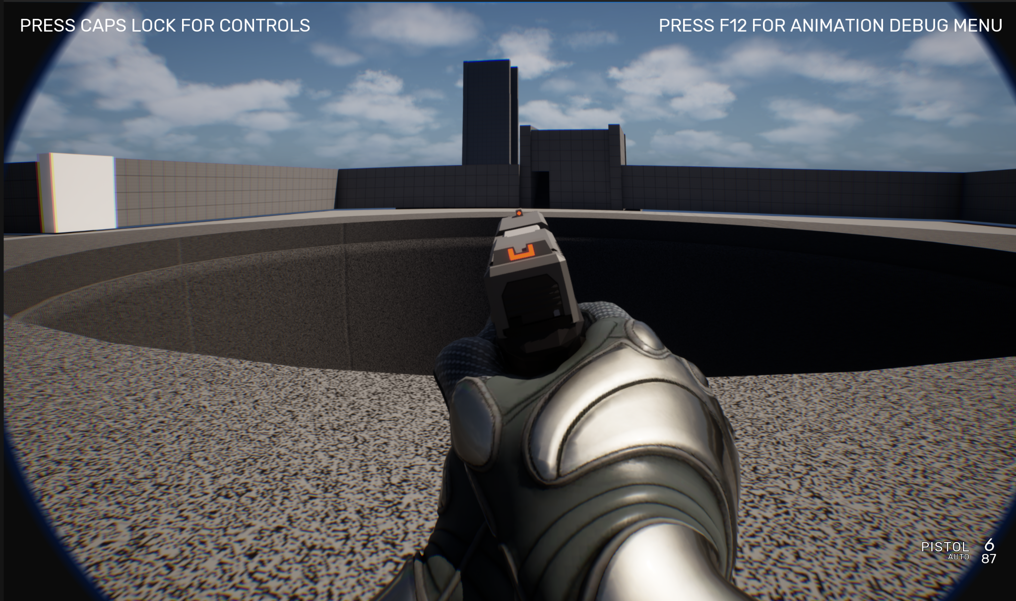First-person Unreal Engine playtest view across the circular main-core arena and its central opening